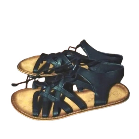 Black Strappy Tie Laced Vegan Leather Flats Summer Sandals DbDk Fashion 8 8 1/2 - Picture 1 of 6